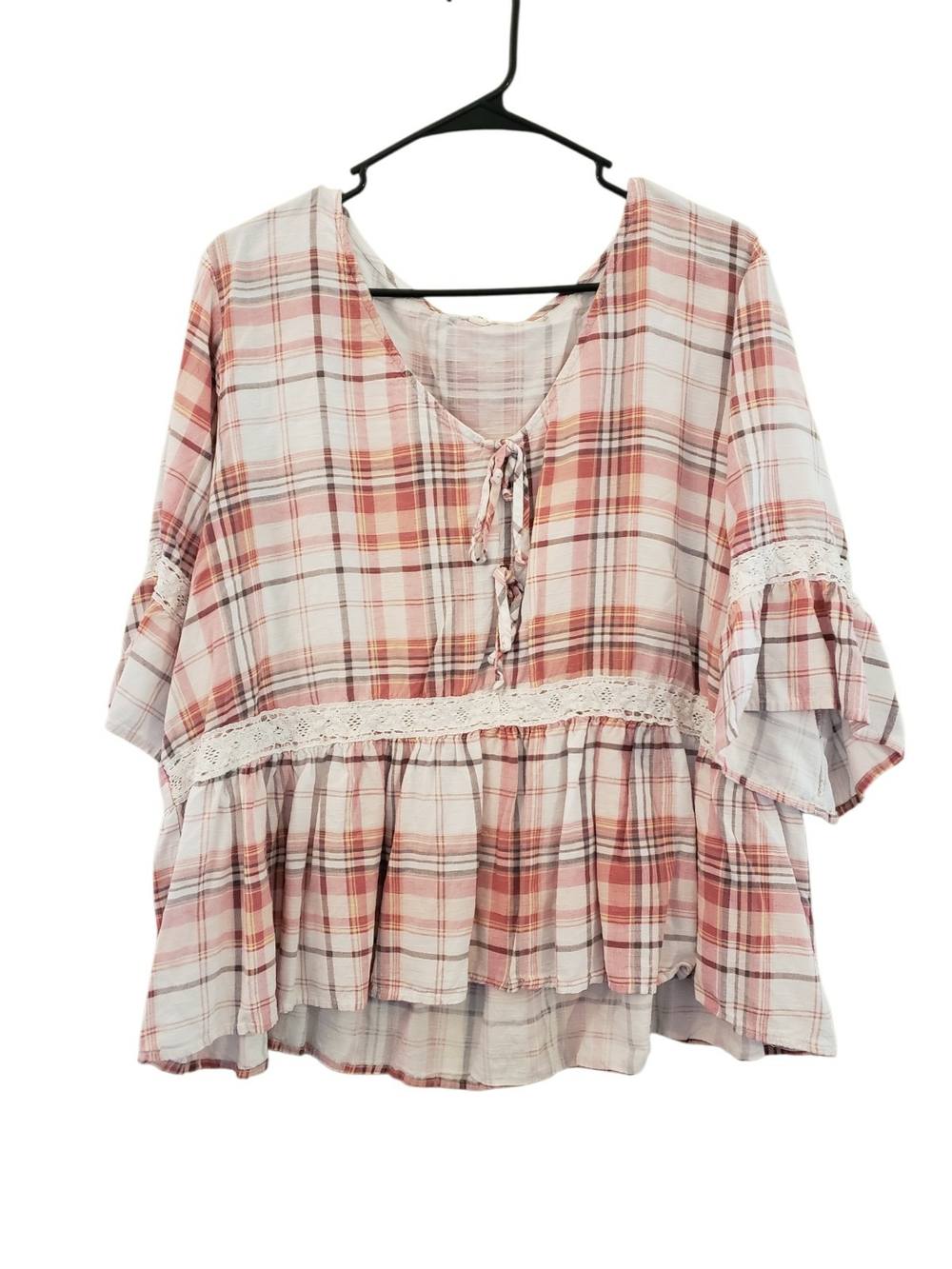 Maurices Pink Plaid Lace-Trim Peasant Tunic